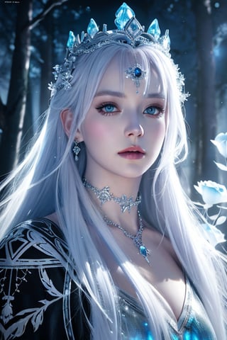 Woman with platinum hair, in a dress of ice flowers, a beautiful crown on her head, detailed face, detailed skin, front, background frozen forest, cover, unzoom, choker, hyperdetailed painting, luminism, Bar lighting, complex, 4k resolution concept art portrait by Greg Rutkowski, Artgerm, WLOP, Alphonse Mucha, little fusion pojatti realistic goth, full body fractal isometrics details bioluminescens : a stunning realistic photograph 30 years