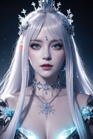 Woman with platinum hair, in a dress of ice flowers, a beautiful crown on her head, detailed face, detailed skin, front, background frozen forest, cover, unzoom, choker, hyperdetailed painting, luminism, Bar lighting, complex, 4k resolution concept art portrait by Greg Rutkowski, Artgerm, WLOP, Alphonse Mucha, little fusion pojatti realistic goth, full body fractal isometrics details bioluminescens : a stunning realistic photograph 30 years