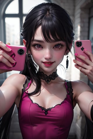 ((masterpiece,best quality)), absurdres, draculaura_mh, pink top, upper body, extremely detailed face, smile, blushing, selfie, holding phone, 