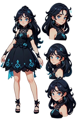 create this character: sofia perez torres
Age: 16 years.

Qualities :
serious, intelligent, mysterious, observant
(Character sheet:1), 1 girl, teenager, (cute smile:1, black hair, long hair, same hair:1, black eyes, big_eyes:1,
dark blue princess dress,
simple pose, (multiple views, full body, upper body, 3/4 face) (partial view, low angle ass view), (simple background, white background), (masterpiece: 1.2), ( best quality, highest quality), (ultra detailed), (8k, 4k, intricate), (full body shot), obese
