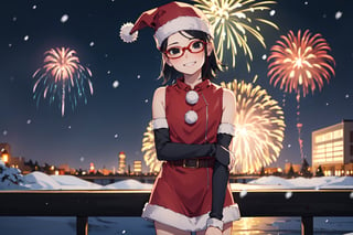 masterpiece, 1 girl, alone, black hair, short hair, black eyes, cowboy shot, standing, smile, red christmas outfit, red santa hat, black arm warmers, looking at viewer, outdoors, snowing, at night, fireworks in the sky, red-rimmed glasses, glasses, head tilt, facing viewer,