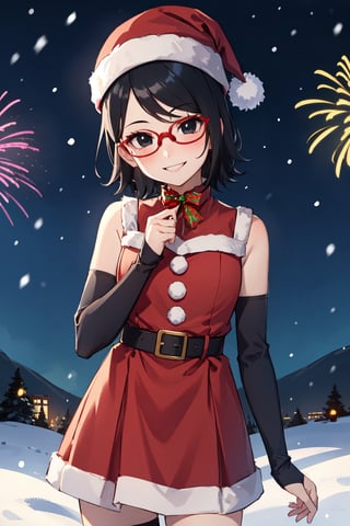 masterpiece, 1 girl, alone, black hair, short hair, black eyes, cowboy shot, standing, smile, red christmas outfit, red santa hat, black arm warmers, looking at viewer, outdoors, snowing, at night, fireworks in the sky, red-rimmed glasses, glasses, head tilt, facing viewer,