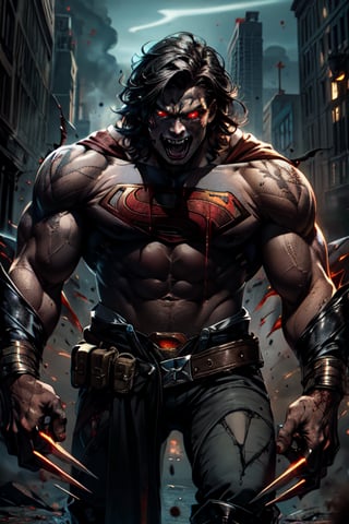 superman , lean, glowing tattoos, red glowing eyes, blood, demonic, fangs teeth, evil face, boots, dark smoke in the background, full shot