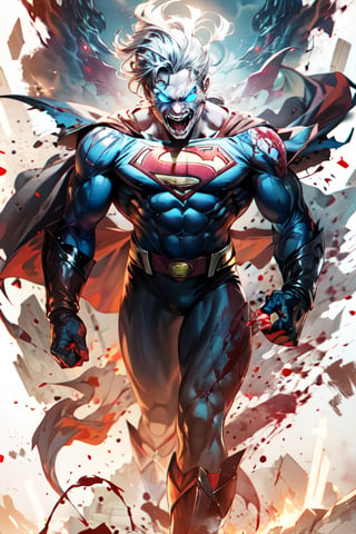 superman , lean, glowing tattoos, red glowing eyes, blood, demonic, fangs teeth, evil face, boots, dark smoke in the background, full shot