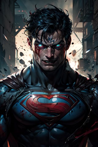 superman , lean, glowing tattoos, red glowing eyes, blood, demonic, fangs teeth, evil face, boots, dark smoke in the background, full shot remove all water marks