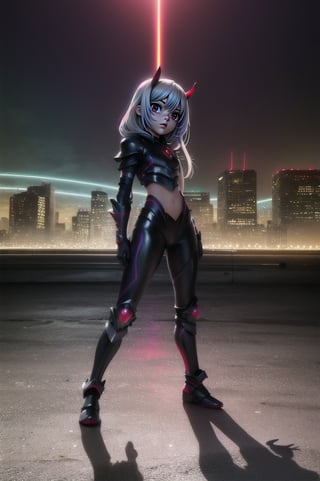 (masterpiece), best quality, expressive eyes, perfect face, (small brests), white hair, ((((blue and red eye)))), ((full body)), black and blue Dragon horns, (((((shadow outfit))))), (((battle shadow outfit))), small body, long hair, ((kid body)), (1 girl), (((futuristic city background))), (sexual pose), ((((rainbow lights details on the outfit)))), ((green details)), ((yellow details)), shadow, black silhouette, shadow of,aura of shadows, ((Blue details)), ((red details)), ((black armored shadow outfit))