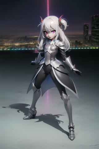 (masterpiece), best quality, expressive eyes, perfect face, (small brests), white hair, ((((blue and red eye)))), ((full body)), black and blue Dragon horns, (((((shadow outfit))))), (((battle shadow outfit))), small body, long hair, ((kid body)), (1 girl), (((futuristic city background))), (sexual pose), ((((rainbow lights details on the outfit)))), ((green details)), ((yellow details)), shadow, black silhouette, shadow of,aura of shadows, ((Blue details)), ((red details)), ((black armored shadow outfit))