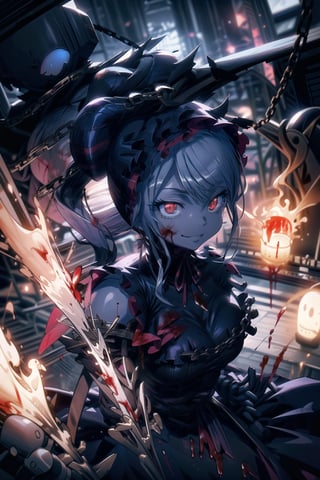  (masterpiece, best quality:1.3), (8k wallpaper), (detailed beautiful face and eyes), (detailed illustration), (super fine illustration), (vibrant colors), (professional lighting), 
One girl, (long black hair, red blood eyes, evil smile), chlotes (red/blue/black elegant dress with worn parts:1.8), crown(black:1.8, with blood:1.8), background (lost castle:1.8, chains:1.8, darkness:1.8 ,ghosts, flying blue flames:1.8, scary night),shalltear bloodfallen,solo,1gril