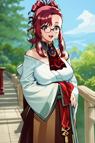 masterpiece, best quality,1girl, large breasts, sarashi, off shoulder, japanese clothes, chest sarashi, highres, km1, red hair, sidelocks, brooch, jewelry, ascot,  glasses, outdoors, graden, arms behind back, smile, open mouth