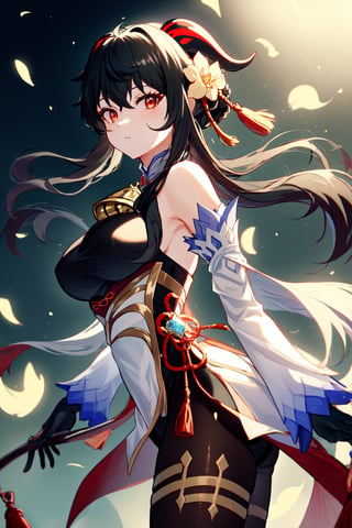 1girl, solo, ganyu \(genshin impact\),(bbyorf, bare shoulders, bell bottom, black gloves, black pantyhose, ((black hair)),  breasts, Chinese knot, loose sleeves, flower knot, gloves, horns, looking at viewer, large size breasts, flared neck, evening, open air, pantyhose, red eyes, side locks, single, tassel, white sleeves), ((masterpiece)),bbyorf