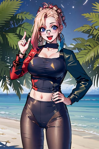 Forest night view, masterpiece, best quality, highres,  gold earrings, large breasts, jewelry, long sleeves, black pantyhose, outdoors, standing cowboy shot, smile, open mouth, hand on hip,pikkyharleyquinn,1girl,two-tone hair,multicolored hair, ((beach at night)),km1,  glasses