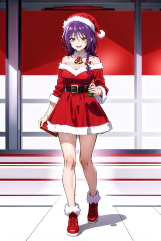 The image shows a woman wearing a ((red dress with and a white Santa hat)). The woman has short ((purple hair)) and wears a red and white striped scarf around her neck. She is smiling and holding a small gift box in her hand. The background is a white wall with a red and white striped border. The overall mood of the image is joyful and festive, ((full body)),red eyes, (((big breats))),1gril, solo, Yuzuki