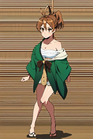 masterpiece, best quality,solo, 1girl, medium breasts, sarashi, off shoulder, japanese clothes, chest sarashi, highres, ((full body)),Rei Miyamoto,long hair,brown hair,(brown eyes:1.5),antenna hair,ponytail