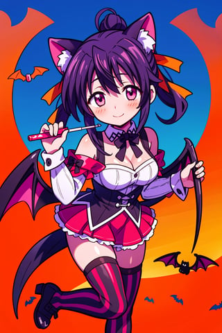 (masterpiece), halloween, candy, sweets, swirl lollipop, chocolate, candy cane, 1girl, halloween striped thighhighs, cat ears, smile, bat wings,akeno himejima