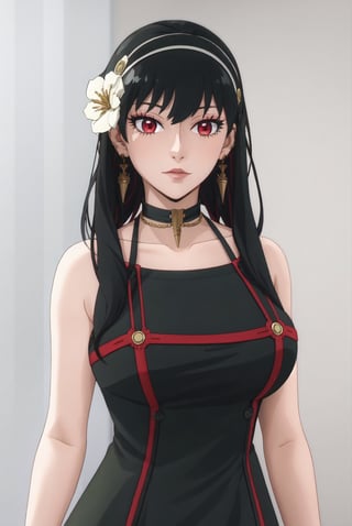 yor briar, 1girl, bare shoulders, black dress, black hair, breasts, closed mouth, dress, earrings, flower, hair flower, hair ornament, hairband, jewelry, medium breasts, long hair, looking at viewer, red eyes, sidelocks, sleeveless, solo, upper body, black background,((masterpiece)),
yelandef,sciamano240,anime,meloco, bikini red