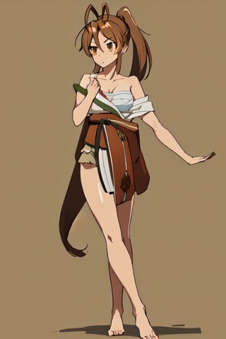 masterpiece, best quality,solo, 1girl, medium breasts, sarashi, off shoulder, japanese clothes, chest sarashi, highres, ((full body)),Rei Miyamoto,long hair,brown hair,(brown eyes:1.5),antenna hair,ponytail