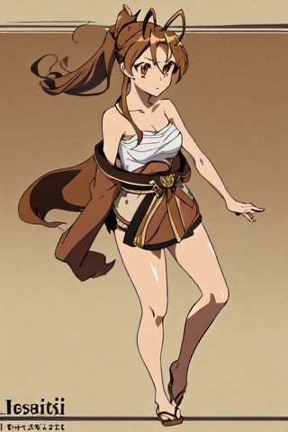 masterpiece, best quality,solo, 1girl, medium breasts, sarashi, off shoulder, japanese clothes, chest sarashi, highres, ((full body)),Rei Miyamoto,long hair,brown hair,(brown eyes:1.5),antenna hair,ponytail