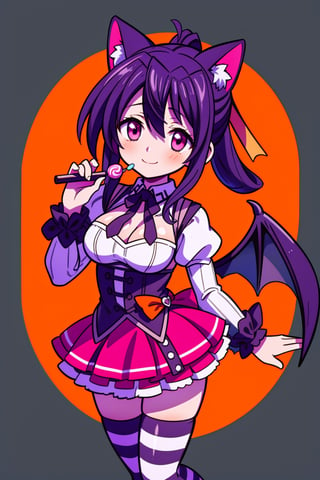 (masterpiece), halloween, candy, sweets, swirl lollipop, chocolate, candy cane, 1girl, halloween striped thighhighs, cat ears, smile, bat wings,akeno himejima