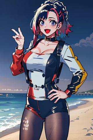 Forest night view, masterpiece, best quality, highres,  gold earrings, large breasts, jewelry, long sleeves, black pantyhose, outdoors, standing cowboy shot, smile, open mouth, hand on hip,pikkyharleyquinn,1girl,two-tone hair,multicolored hair, ((beach at night)),km1