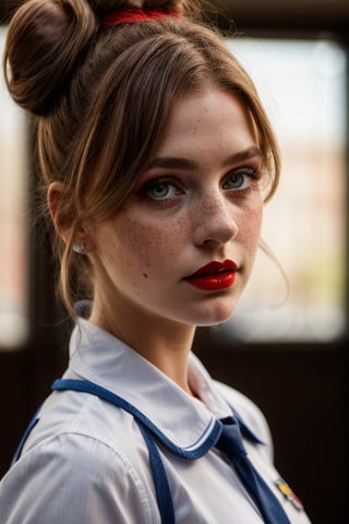  masterpiece, best quality, ultra realistic, focus, RAW photo, photorealistic, intricate detailed, high detail, girl side on to viewer but looking at viewer with Freckles, wearing red  school uniform, red lips, bun hair, very very long eyeliner, parted hair