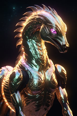 Celestial (alien:1.2) creature in horse shape, with opalescent skin and iridiscent scales, masterpiece, absolutely perfect, stunning image, visually rich, intricately detailed, concept art, by Mschiffer, glowy, cinematic, UHD wallpaper, 3d, octane render, volumetric lights,Movie Still