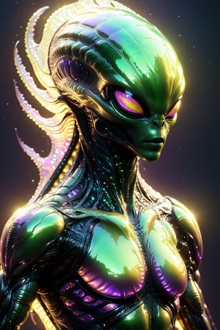 Alien creature in humanoid shape, with opalescent skin and iridiscent scales, masterpiece, absolutely perfect, stunning image, visually rich, intricately detailed, concept art, by Mschiffer, glowy, cinematic, UHD wallpaper, 3d, octane render, volumetric lights,Movie Still