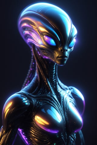 Alien creature in humanoid shape, with opalescent skin and iridiscent scales, masterpiece, absolutely perfect, stunning image, visually rich, intricately detailed, concept art, by Mschiffer, glowy, cinematic, UHD wallpaper, 3d, octane render, volumetric lights