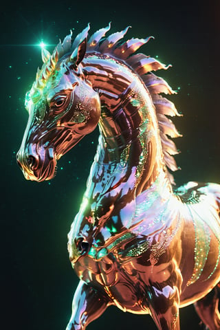 Celestial (alien:1.2) creature in horse shape, with opalescent skin and iridiscent scales, masterpiece, absolutely perfect, stunning image, visually rich, intricately detailed, concept art, by Mschiffer, glowy, cinematic, UHD wallpaper, 3d, octane render, volumetric lights,Movie Still