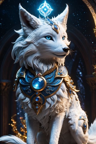 Lumina, the Celestial Fox, a 2-foot-tall marvel, enchants with silver fur shimmering like stars. Its sapphire-blue eyes mirror the cosmos. Nine tails represent celestial elements, leaving stardust trails and an aura of enchantment. Whispers claim Lumina's cosmic wisdom and blessings, awing all with its magic, detailed matte painting, deep color, fantastical, intricate detail, splash screen, complementary colors, fantasy concept art, 8k resolution trending on Artstation Unreal Engine 5,Movie Still,greg rutkowski