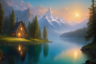 (wallpaper:1.2) ,best quality ,fantasy world, (elven wizard house:1.3) , fabulous coniferous forest near a clear mountain lake, magic, richness of colors, (ultra-quality light, masterpiece, wallpaper, ultra-detailed, panoramic photo: 1.3) , style of Ivan Aivazovsky,EpicLand,greg rutkowski,Looking at the sky,Movie Still