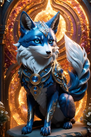 Lumina, the Celestial Fox, a 2-foot-tall marvel, enchants with silver fur shimmering like stars. Its sapphire-blue eyes mirror the cosmos. Nine tails represent celestial elements, leaving stardust trails and an aura of enchantment. Whispers claim Lumina's cosmic wisdom and blessings, awing all with its magic, detailed matte painting, deep color, fantastical, intricate detail, splash screen, complementary colors, fantasy concept art, 8k resolution trending on Artstation Unreal Engine 5,Movie Still,greg rutkowski