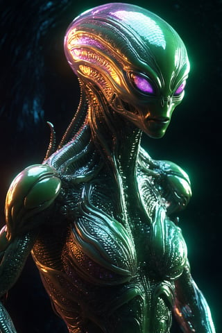 Alien creature in humanoid shape, with opalescent skin and iridiscent scales, masterpiece, absolutely perfect, stunning image, visually rich, intricately detailed, concept art, by Mschiffer, glowy, cinematic, UHD wallpaper, 3d, octane render, volumetric lights,Movie Still