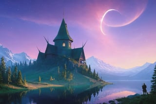 (wallpaper:1.2) ,best quality ,fantasy world, (elven wizard house:1.3) , fabulous coniferous forest near a clear mountain lake, magic, richness of colors, (ultra-quality light, masterpiece, wallpaper, ultra-detailed, panoramic photo: 1.3) , style of Ivan Aivazovsky,EpicLand,greg rutkowski,Looking at the sky