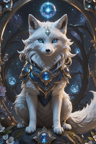 Lumina, the Celestial Fox, a 2-foot-tall marvel, enchants with silver fur shimmering like stars. Its sapphire-blue eyes mirror the cosmos. Nine tails represent celestial elements, leaving stardust trails and an aura of enchantment. Whispers claim Lumina's cosmic wisdom and blessings, awing all with its magic, detailed matte painting, deep color, fantastical, intricate detail, splash screen, complementary colors, fantasy concept art, 8k resolution trending on Artstation Unreal Engine 5,Movie Still,greg rutkowski