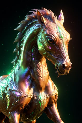 Alien creature in horse shape, with opalescent skin and iridiscent scales, masterpiece, absolutely perfect, stunning image, visually rich, intricately detailed, concept art, by Mschiffer, glowy, cinematic, UHD wallpaper, 3d, octane render, volumetric lights,Movie Still