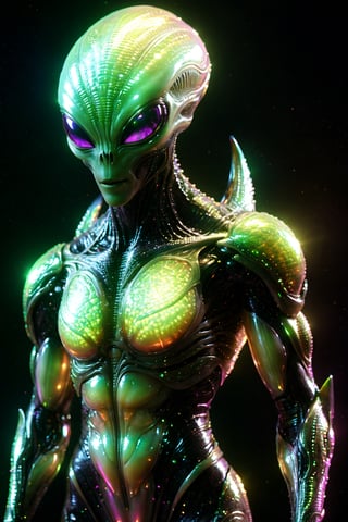 Alien creature in humanoid shape, with opalescent skin and iridiscent scales, masterpiece, absolutely perfect, stunning image, visually rich, intricately detailed, concept art, by Mschiffer, glowy, cinematic, UHD wallpaper, 3d, octane render, volumetric lights,Movie Still