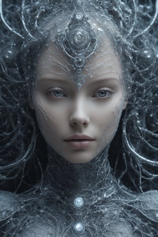 cinematic close up photo of an ethereal neural network organism, divine woman, anatomical face, biomechanical details