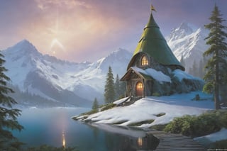 (wallpaper:1.2) ,best quality ,fantasy world, (elven wizard house:1.3) , fabulous coniferous forest near a clear mountain lake, magic, richness of colors, (ultra-quality light, masterpiece, wallpaper, ultra-detailed, panoramic photo: 1.3) , style of Ivan Aivazovsky,EpicLand,greg rutkowski,Looking at the sky