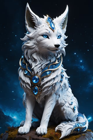 Lumina, the Celestial Fox, a 2-foot-tall marvel, enchants with silver fur shimmering like stars. Its sapphire-blue eyes mirror the cosmos. Nine tails represent celestial elements, leaving stardust trails and an aura of enchantment. Whispers claim Lumina's cosmic wisdom and blessings, awing all with its magic, detailed matte painting, deep color, fantastical, intricate detail, splash screen, complementary colors, fantasy concept art, 8k resolution trending on Artstation Unreal Engine 5,Movie Still,greg rutkowski