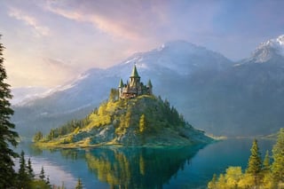 (wallpaper:1.2) ,best quality ,fantasy world, (elven wizard house:1.3) , fabulous coniferous forest near a clear mountain lake, magic, richness of colors, (ultra-quality light, masterpiece, wallpaper, ultra-detailed, panoramic photo: 1.3) , style of Ivan Aivazovsky,EpicLand,greg rutkowski,Looking at the sky