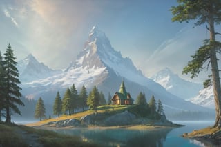 (wallpaper:1.2) ,best quality ,fantasy world, (elven wizard house:1.3) , fabulous coniferous forest near a clear mountain lake, magic, richness of colors, (ultra-quality light, masterpiece, wallpaper, ultra-detailed, panoramic photo: 1.3) , style of Ivan Aivazovsky,EpicLand,greg rutkowski,Looking at the sky