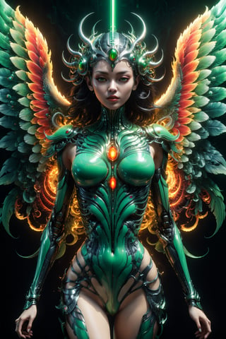 best quality goddess with whie hair translucent luminous burning phoenix wings and symmetrical biomechanical ornaments luminous covered full body tattoo levitation in cosmic outer space, green and red fire, epic, action pose, cosmos, energy, by H.R. Giger, cinematic light, cyberpunk, masterpiece, high detail, best quality, high resolution, hyper perspective, 3D shading, Octane Render, 8K resolution, trending on Artstation, ultra detailed, ultra accurate detailed, photo, perfect composition, beautiful detailed intricate insanely detailed octane render trending on artstation, 8 k artistic photography, photorealistic concept art, soft natural volumetric cinematic perfect light, chiaroscuro, award - winning photograph, masterpiece, oil on canvas, raphael, caravaggio, greg rutkowski, beeple, beksinski, giger,Movie Still,cyborg style