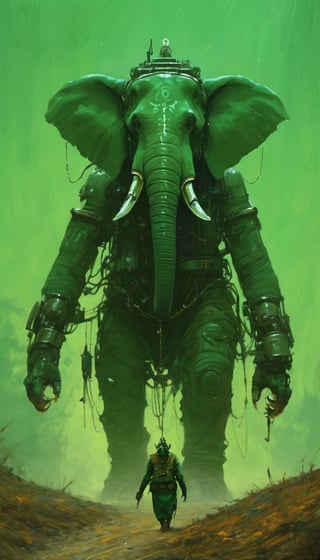  painting by jakub rozalski, a portrait of biomechanical dieselpunk Ganesh, anthrophomorphic elephant, wearing dark emerald colored biomechanical dieselpunk battlesuit with gold ornamentation, glowing eyes