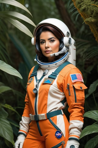 waist-up "female Astronaut mexicana in a Jungle venusina" broken helmet tangerine cold color palette, muted colors, detailed, 12k,