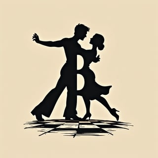 A whimsical design featuring a stylized monogram logo comprising the letters P and B cleverly arranged to resemble a dancers, in negative space. with Tango elements forming the shape of the intertwined initials. The logo sits atop a dance floor, perhaps with subtle texture mimicking checkers or woodfloor, emphasizing its organic connection.