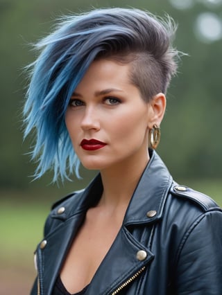 a closeup of nu goth girl with a punk mohawk , with dark black hair color , blue leather jacket , and the woman's face partially obscured in the style of her hair. The focus is on the rich color of her hairstyle, set against an out of focus background that suggests natural surroundings. Her lips have subtle love red lipstick, adding to the romantic atmosphere. Shot in soft lighting, the photograph captures every detail of texture and shine within her beautiful locks,Xuxa