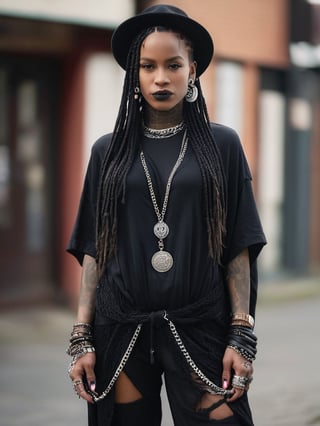 A striking, edgy goth girl stands confidently against a moody backdrop. Her dark smoky eye makeup and bold lipstick are accentuated by facial piercings, including a prominent septum ring. Her hairstyle features box braids or dreadlocks, cascading down her back. Layered clothing includes an oversized black hoodie draped over a flowy printed kaftan dress, ripped fishnets, and baggy harem pants. Chunky combat boots, layers of pendants and coin necklaces, a floppy wide-brim hat, and a studded crossbody bag complete her punk-meets-boho ensemble. The Hasselblad medium format camera captures the scene with the Helios 44-2 58mm F2 lens, showcasing realistic, textured skin and cinematic backlit lighting.,rshlf