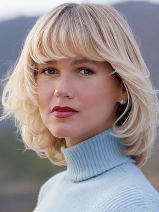 a closeup of argentine girl with bob cut hair with bangs , with icy Gray color , blue turtleneck , and the woman's face partially obscured in the style of her voluminous hair. The focus is on the rich color of her hairstyle, set against an out of focus background that suggests natural surroundings. Her lips have subtle love red lipstick, adding to the romantic atmosphere. Shot in soft lighting, the photograph captures every detail of texture and shine within her beautiful locks,Xuxa