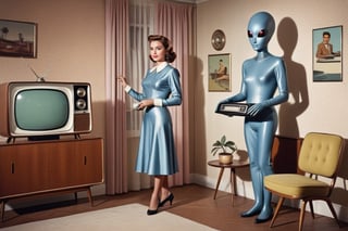 Scene of a 1950's livingroom with a grey alien standing pulling off a rubber human housewife suit, a retro tv and radio console in the background, Photorealistic, cinematic, 8k wallpaper 