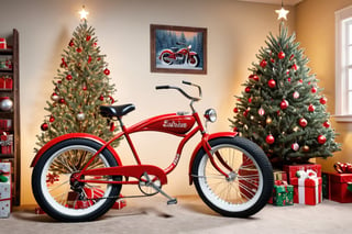 Next to a detailed retro decorated Christmas tree surrounded by presents is a vintage 1950's  fat tire red Schwinn bicycle with a tank and a tag hanging off the handlebars that says "From Santa" on it, photorealistic , cinematic, 8k wallpaper 